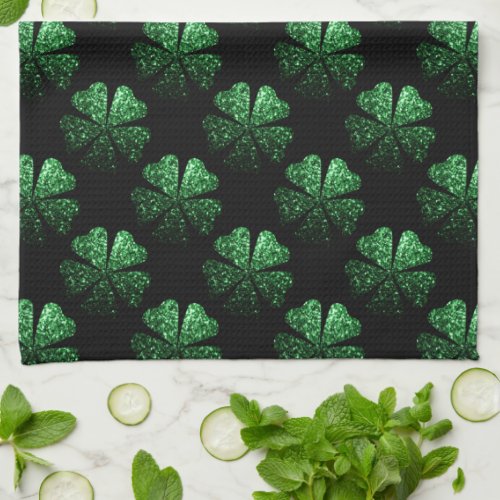 Dark Green sparkly Shamrock pattern on black Kitchen Towel