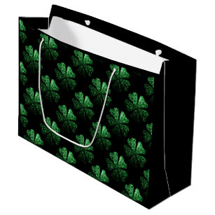 Dark Green sparkly Shamrock pattern on black Large Gift Bag