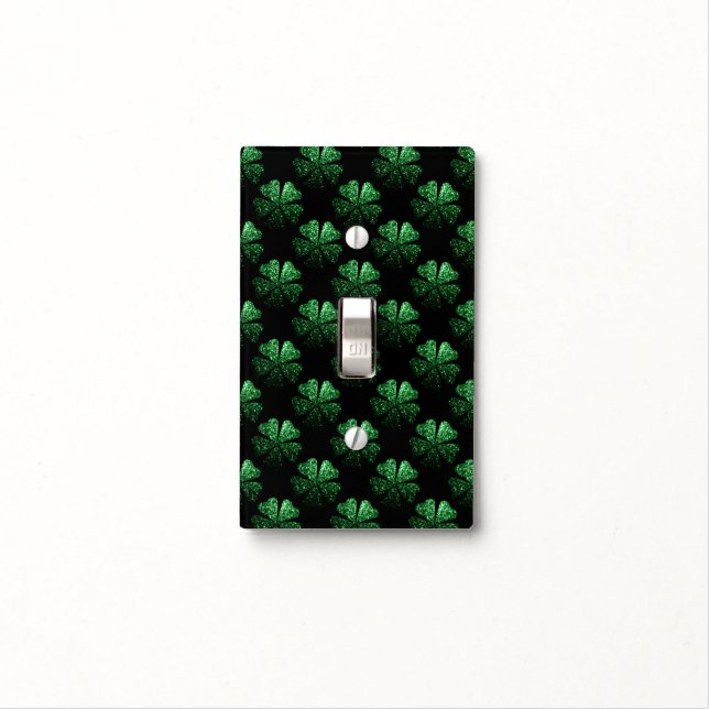 Dark Green sparkly Shamrock pattern on black Light Switch Cover (In Situ)