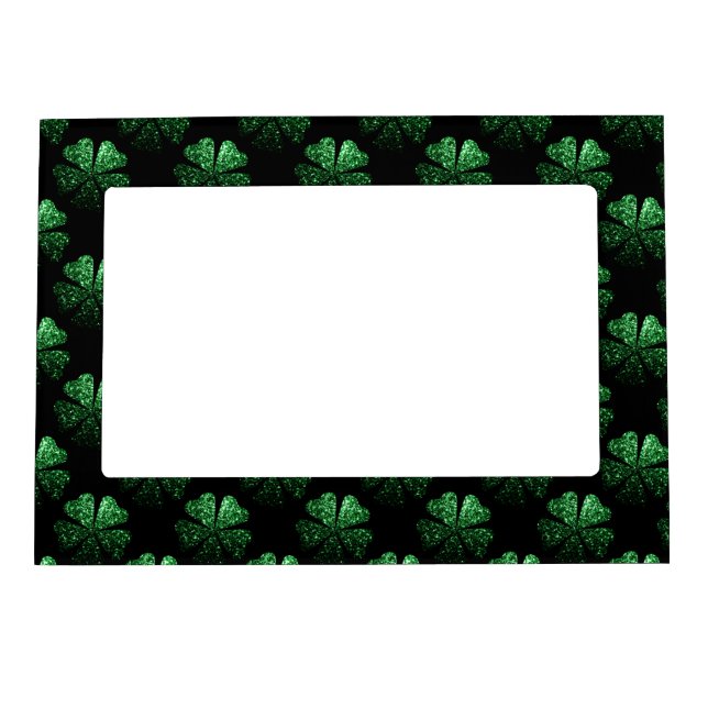 Dark Green sparkly Shamrock pattern on black Magnetic Frame (Front)