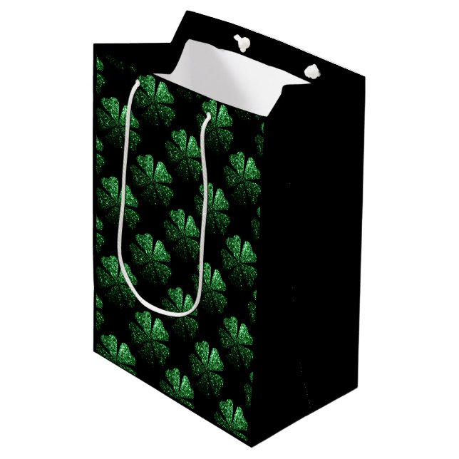 Dark Green sparkly Shamrock pattern on black Medium Gift Bag (Front Angled)