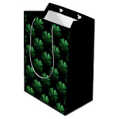 Dark Green sparkly Shamrock pattern on black Medium Gift Bag (Back Angled)