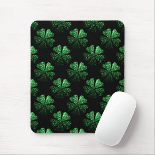 Dark Green sparkly Shamrock pattern on black Mouse Pad