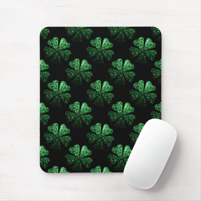 Dark Green sparkly Shamrock pattern on black Mouse Pad (With Mouse)