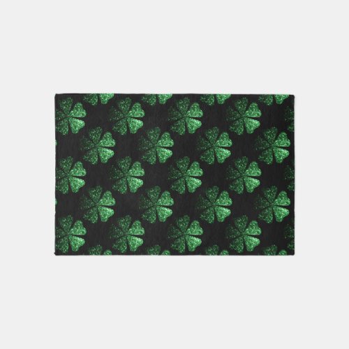 Dark Green sparkly Shamrock pattern on black Outdoor Rug