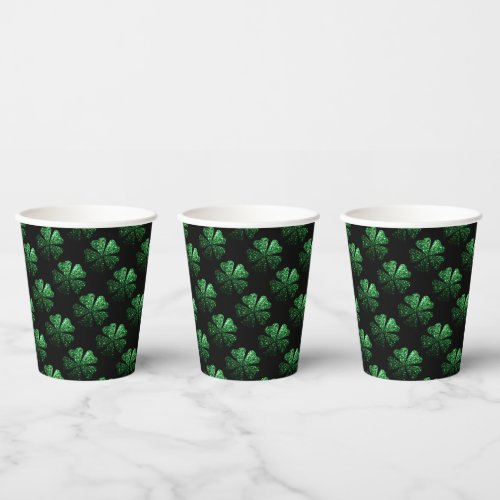 Dark Green sparkly Shamrock pattern on black Paper Cups