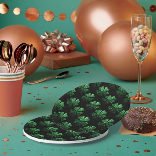 Dark Green sparkly Shamrock pattern on black Paper Plates