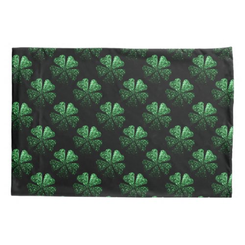 Dark Green sparkly Shamrock pattern on black Pillow Case