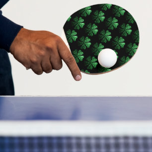 Dark Green sparkly Shamrock pattern on black Ping Pong Paddle