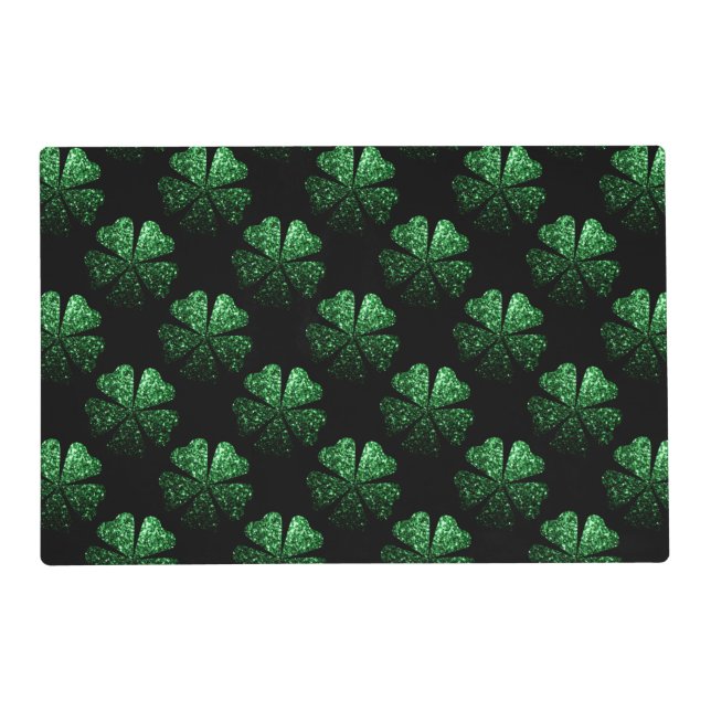 Dark Green sparkly Shamrock pattern on black Placemat (Front)
