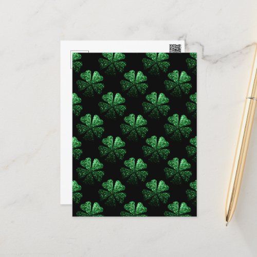 Dark Green sparkly Shamrock pattern on black Postcard