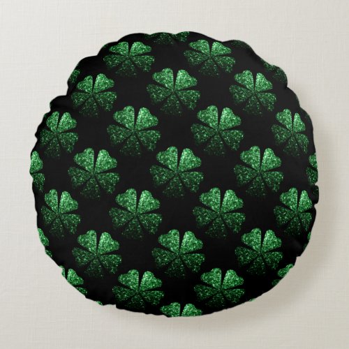 Dark Green sparkly Shamrock pattern on black Round Pillow