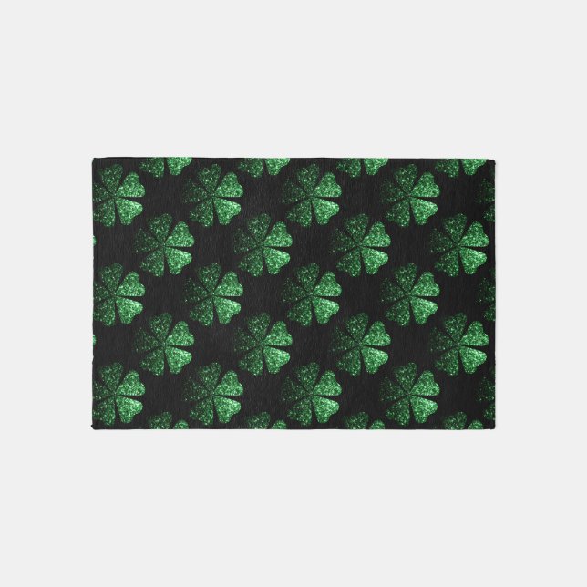 Dark Green sparkly Shamrock pattern on black Rug (Front)