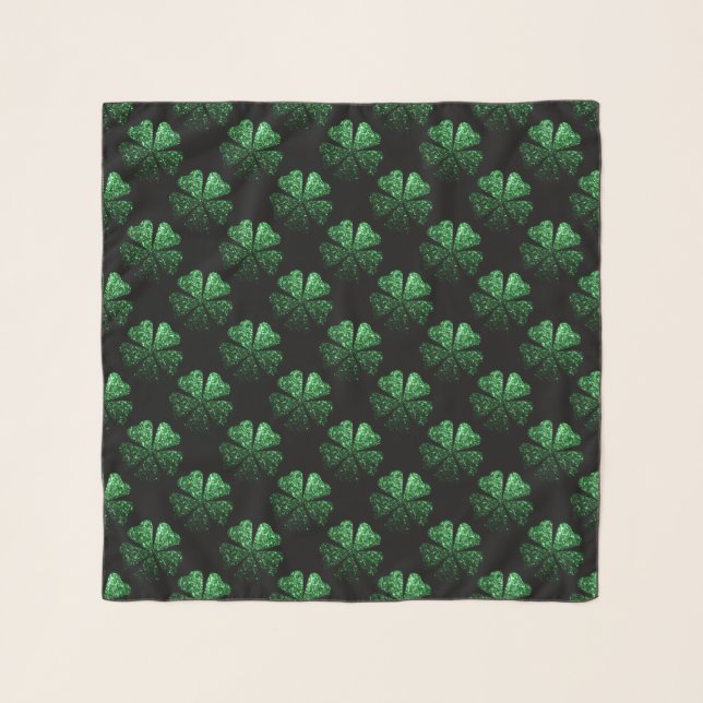Dark Green sparkly Shamrock pattern on black Scarf (Front)