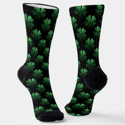 Dark Green sparkly Shamrock pattern on black Socks