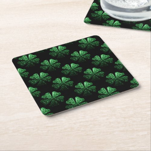 Dark Green sparkly Shamrock pattern on black Square Paper Coaster