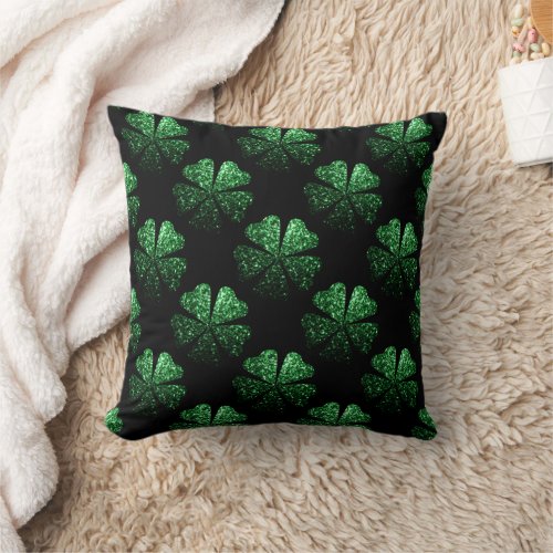 Dark Green sparkly Shamrock pattern on black Throw Pillow