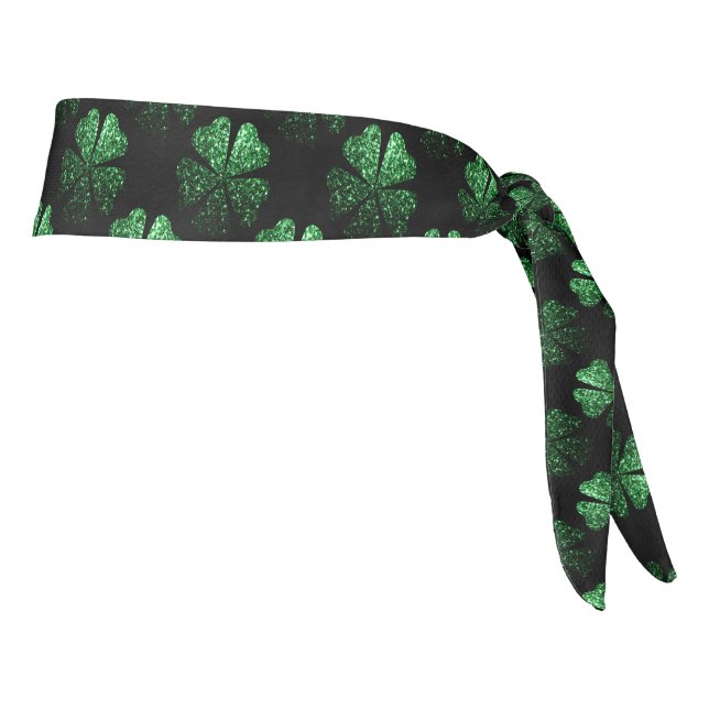 Dark Green sparkly Shamrock pattern on black Tie Headband (Rotate 90)