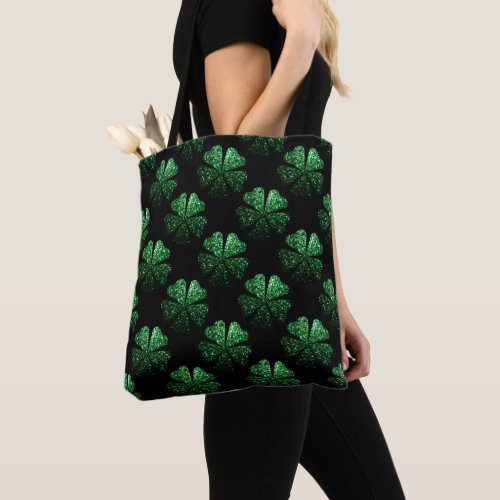 Dark Green sparkly Shamrock pattern on black Tote Bag