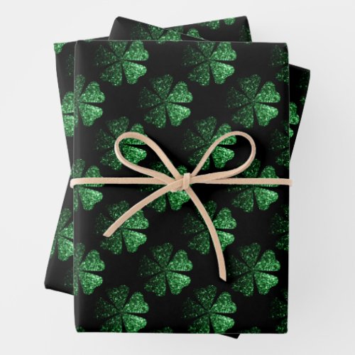 Dark Green sparkly Shamrock pattern on black Wrapping Paper Sheets