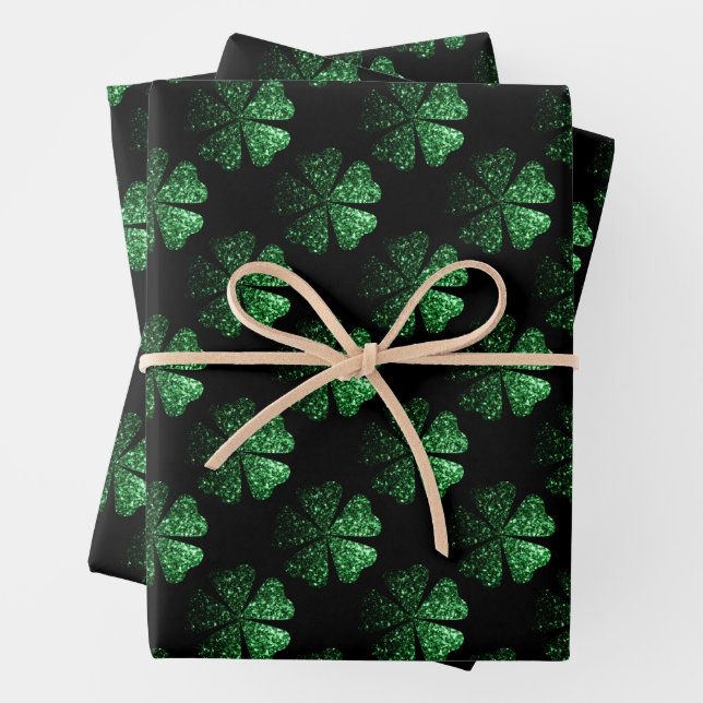 Dark Green sparkly Shamrock pattern on black Wrapping Paper Sheets (In situ)