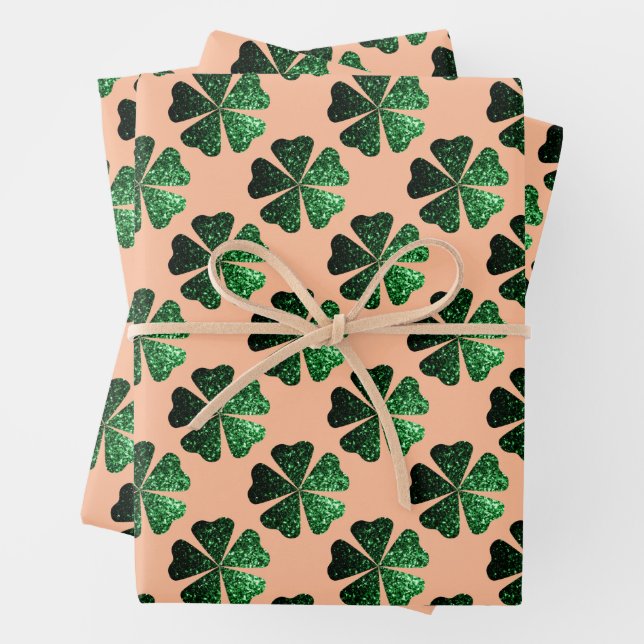 Dark Green sparkly Shamrock pattern on peach Wrapping Paper Sheets (In situ)