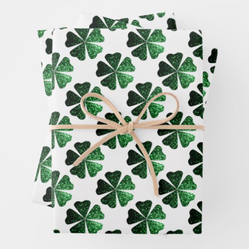 Dark Green sparkly Shamrock pattern on white Wrapping Paper Sheets