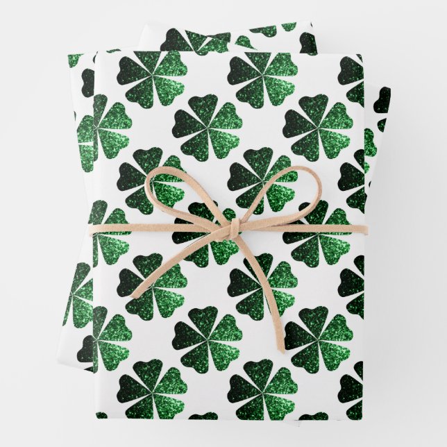 Dark Green sparkly Shamrock pattern on white Wrapping Paper Sheets (In situ)