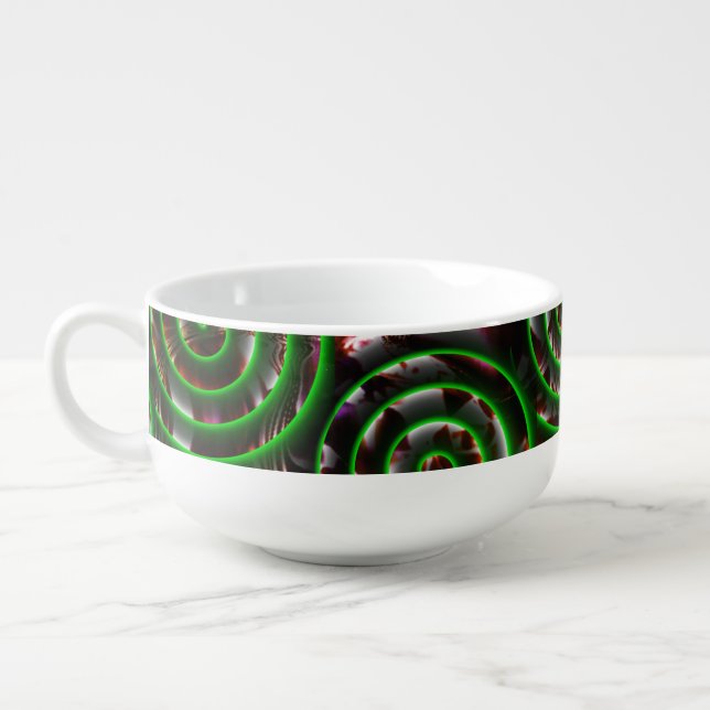 Dark green spirals transparent upon stained image soup mug (Right)