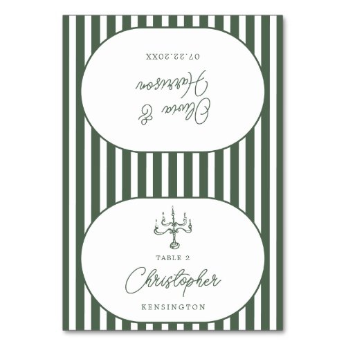 Dark Green Striped Cabana Wedding Place Card