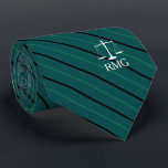 Dark Green Striped Custom Initials Lawyer Neck Tie<br><div class="desc">Elegant green stripes judicial scales of justice custom initials tie.</div>