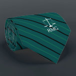 Dark Green Striped Custom Initials Lawyer Neck Tie<br><div class="desc">Elegant green stripes judicial scales of justice custom initials tie.</div>