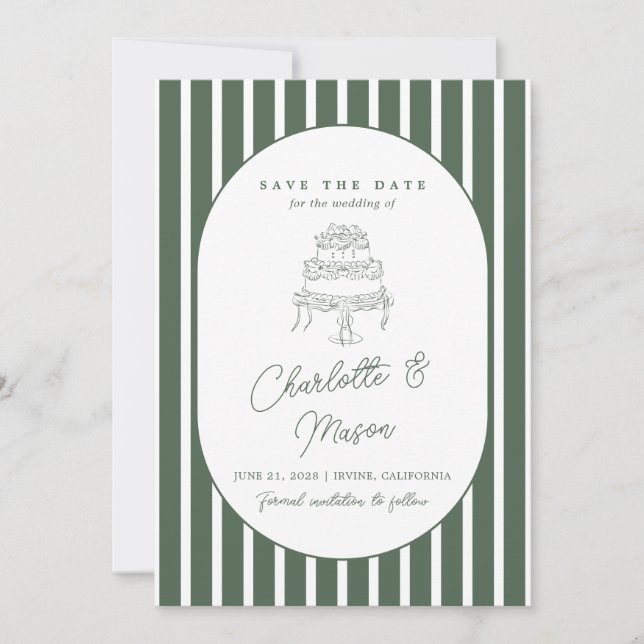 Dark Green Striped Preppy Cabana Save the Date Invitation (Front)