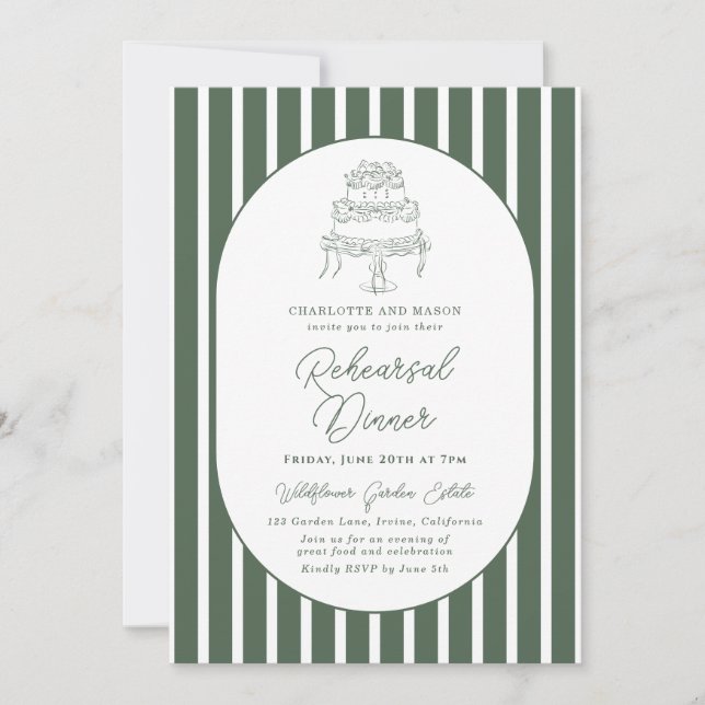 Dark Green Striped Preppy Rehearsal Dinner Invitation (Front)