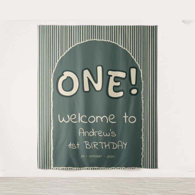 Dark Green Stripes 1st Birthday Backdrop (Front)