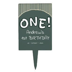 Dark Green Stripes 1st Birthday Cake Topper