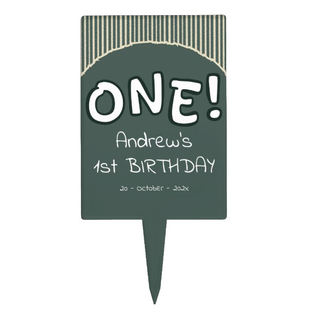 Dark Green Stripes 1st Birthday Cake Topper (Front)