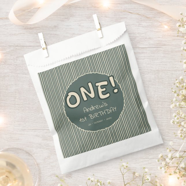 Dark Green Stripes 1st Birthday Favor Bag (Clipped)