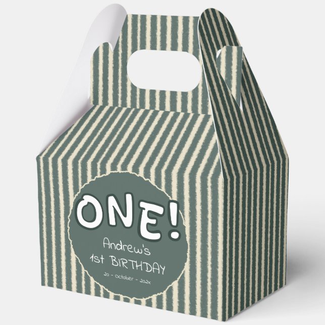 Dark Green Stripes 1st Birthday Favor Boxes (Front)