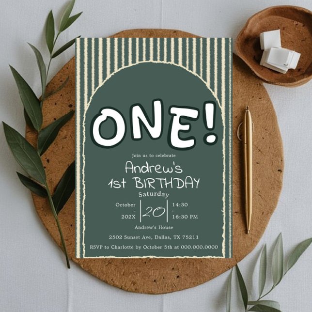 Dark Green Stripes 1st Birthday Invitation (Creator Uploaded)