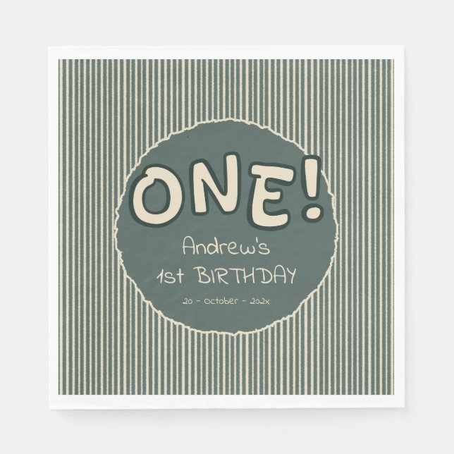 Dark Green Stripes 1st Birthday Napkins (Front)