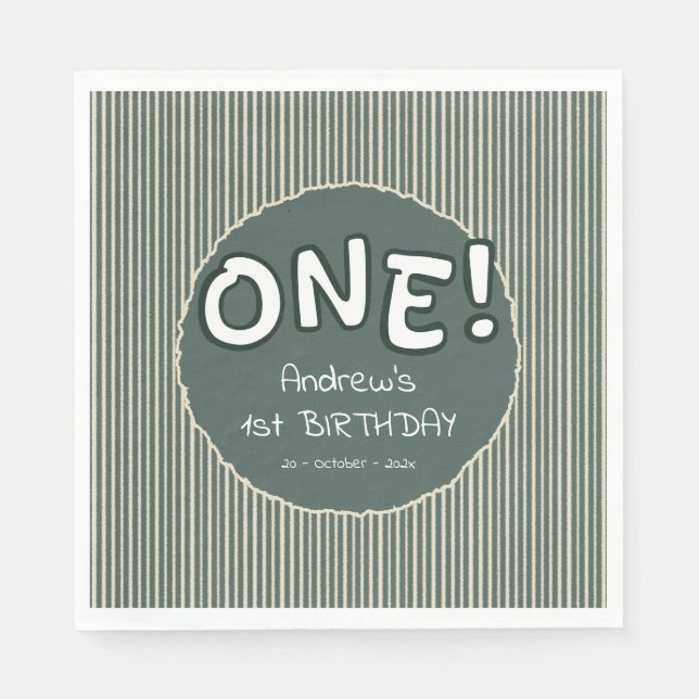 Dark Green Stripes 1st Birthday Napkins (Front)