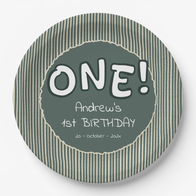 Dark Green Stripes 1st Birthday Paper Plates (Front)