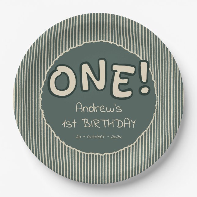 Dark Green Stripes 1st Birthday Paper Plates (Front)