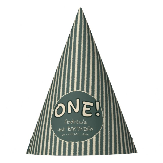 Dark Green Stripes 1st Birthday Party Hat (Front)