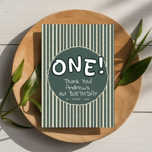 Dark Green Stripes 1st Birthday Thank You Card (Creator Uploaded)