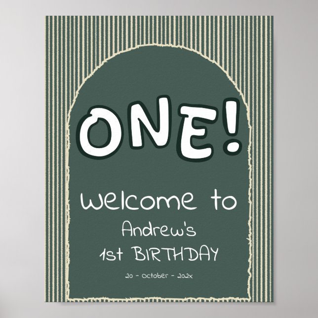 Dark Green Stripes 1st Birthday Welcome Sign (Front)