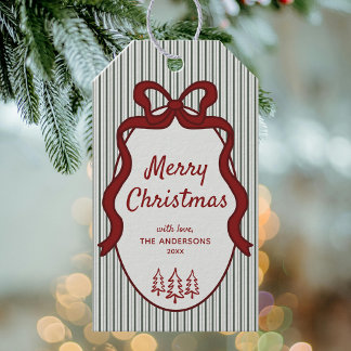 Dark Green Stripes & Bow Christmas Gift Tags