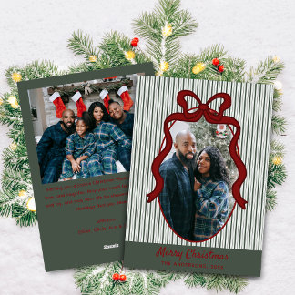 Dark Green Stripes & Red Bow Christmas 2 Photo Holiday Card