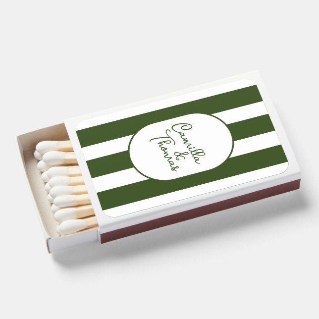 Dark Green Stripes Wedding Matchboxes (Front Open)
